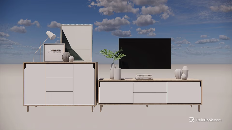 Modern White TV Stand With Storage Drawers Cabinets TV Green Plant And Decorative Items 3d model 