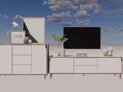 Modern White TV Stand With Storage Drawers Cabinets TV Green Plant And Decorative Items 3d model