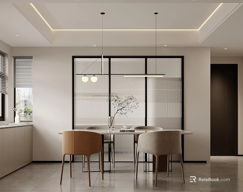 Modern Restaurant Interior Design With Open Concept Dining Table Chairs And Pendant Lights 3d model