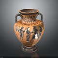 Greek Style Amphora With Black Figure Designs Two Handles And Orange Base Color