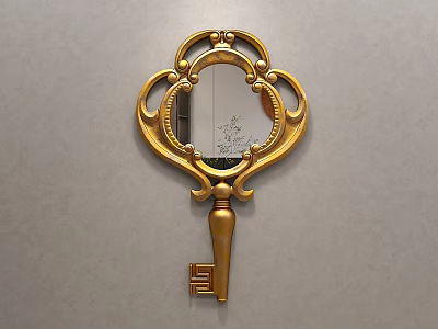 Golden Key Shaped Decorative Mirror With Ornate Frame Hanging On Gray Wall 3d model