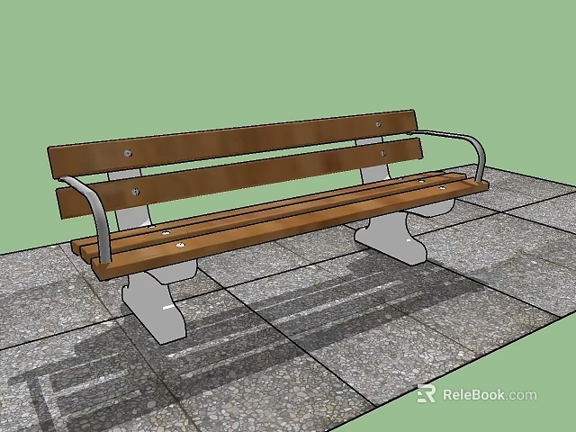Simple Design Wooden Outdoor Bench With Metal Armrests On Stone Pavement 3d model 