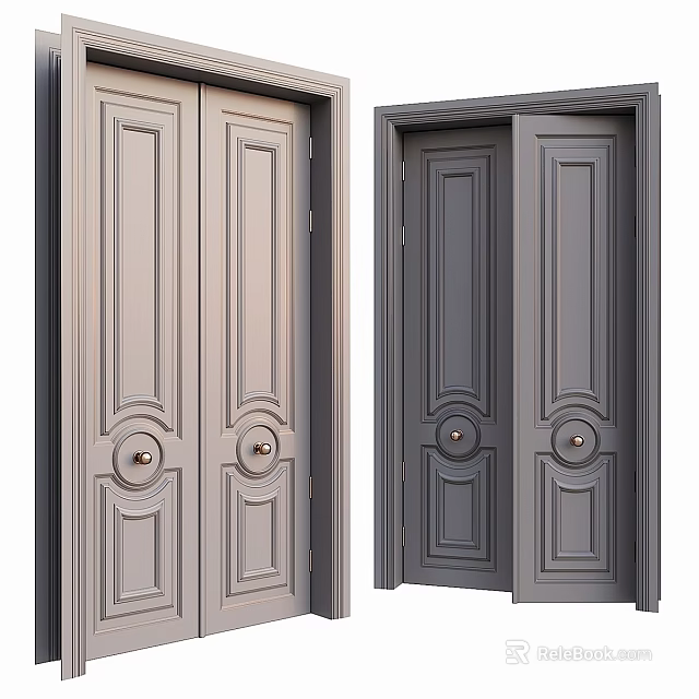 Light Beige And Dark Gray Double Hinged Doors With Decorative Panels And Round Knobs 3d model 
