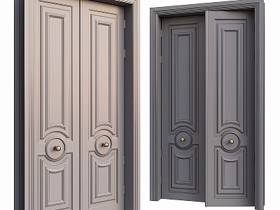Light Beige And Dark Gray Double Hinged Doors With Decorative Panels And Round Knobs 3d model