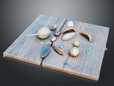 Organic Food Nuts And Shells Arranged On Rustic Wooden Board Surface 3d model