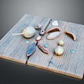 Organic Food Nuts And Shells Arranged On Rustic Wooden Board Surface 3d model