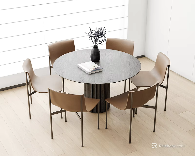 Modern Round Dining Table Set With Brown Chairs Vase Book And Wooden Floor 3d model 