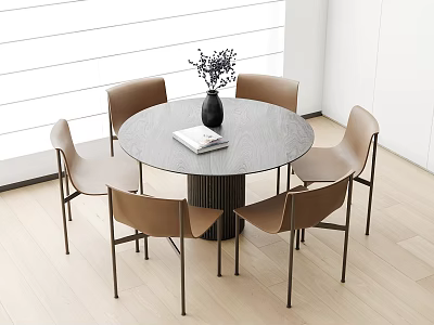 Modern Round Dining Table Set With Brown Chairs Vase Book And Wooden Floor 3d model