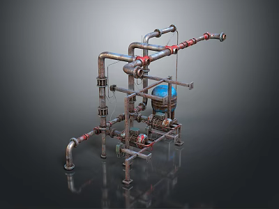 Industrial Pipe System With Metal Pipes Valves Supports And Blue Mechanical Equipment 3d model