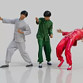 Three People Wearing Chinese Traditional Clothing Of Different Colors Performing Dynamic Martial Arts Actions
