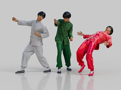 Three People Wearing Chinese Traditional Clothing Of Different Colors Performing Dynamic Martial Arts Actions 3d model