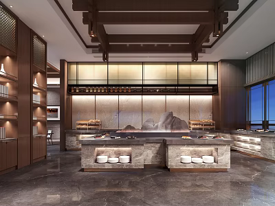 Traditional Oriental Restaurant Interior With Wooden Ceiling Open Buffet Counter And Decorative Backdrop 3d model