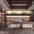 Traditional Oriental Restaurant Interior With Wooden Ceiling Open Buffet Counter And Decorative Backdrop