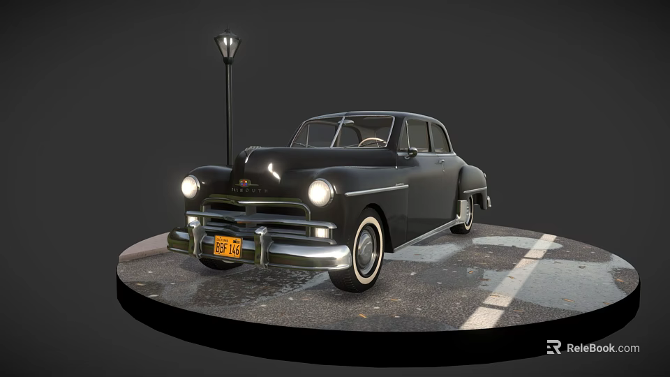 Vintage Black Classic Car Display With Street Lamp On Circular Wet Paved Ground 3d model 