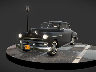 Vintage Black Classic Car Display With Street Lamp On Circular Wet Paved Ground 3d model