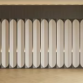 Elegant Front Desk Backdrop With Curved White Panels Wooden Grille And Metal Accents