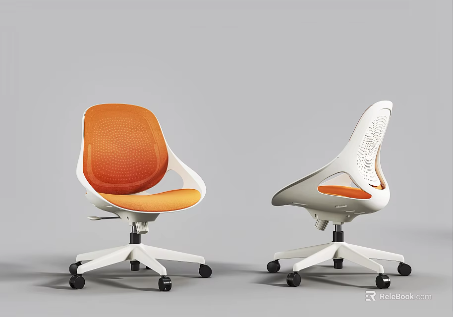 Modern Office Chairs With Orange Mesh Back And White Base On Wheels 3d model