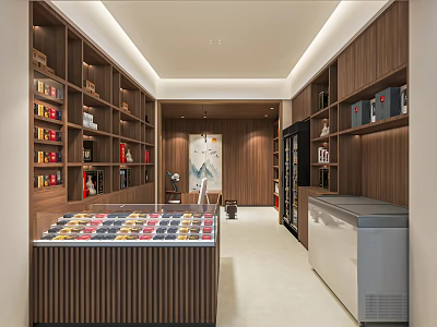 Modern Tobacco and Liquor Store Interior With Wooden Shelves Display Counter Colorful Products and Freezer 3d model