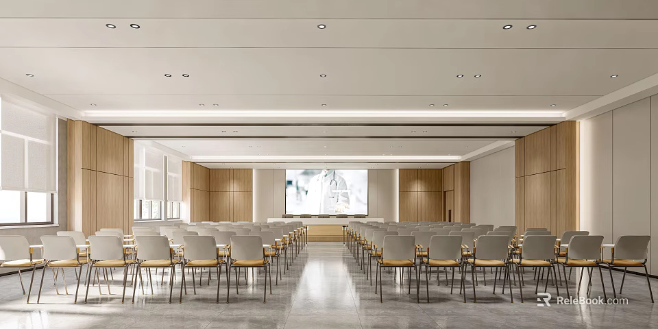 Spacious Modern Conference Room With Rows Of Chairs Large Screen And Wooden Panels 3d model 