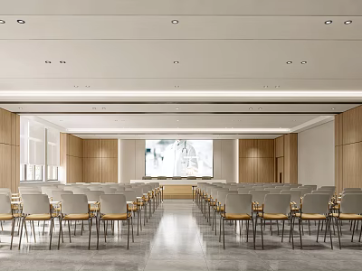 Spacious Modern Conference Room With Rows Of Chairs Large Screen And Wooden Panels 3d model