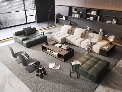 Modern Beige Green Sofa And Wooden Coffee Table Set With Floor Lamp And Bookshelf 3d model