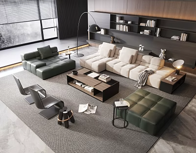 Modern Beige Green Sofa And Wooden Coffee Table Set With Floor Lamp And Bookshelf 3d model