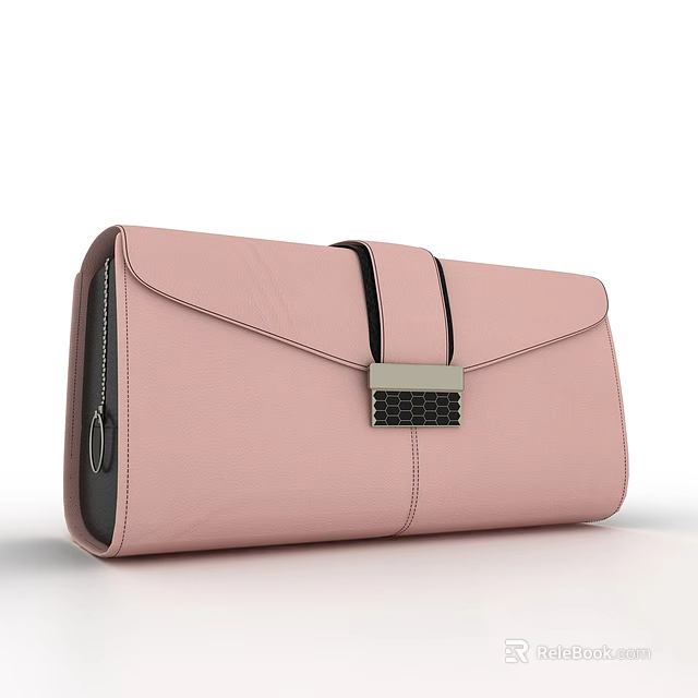 Pink Leather Clutch Bag with Black Accent Strap and Metallic Clasp Design 3d model 
