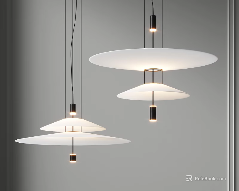 Modern Minimalist Pendant Lights With White Disc Shades And Black Suspension Cords 3d model 