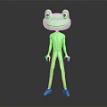 Green Frog Doll with Big Eyes and Human Like Body Standing on Dark Background