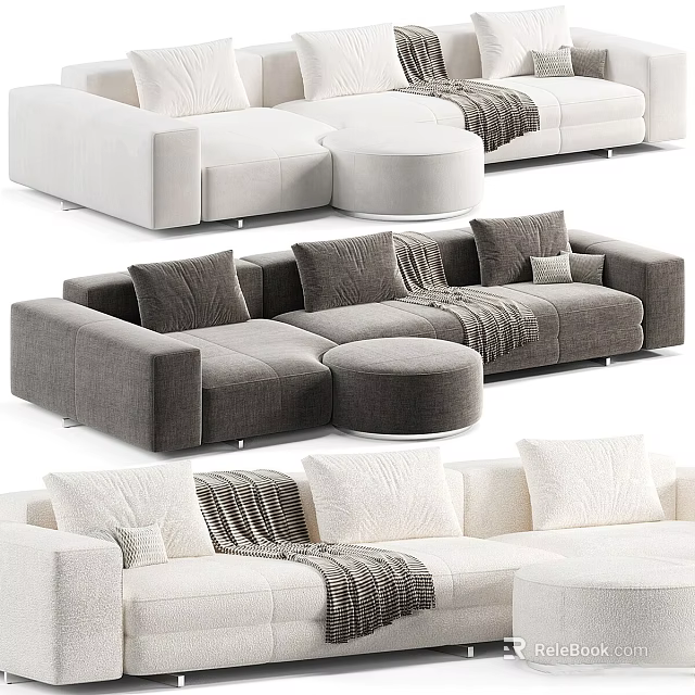 Modern Sectional Sofas In Gray And White With Ottoman Pillows And Throw Blankets 3d model
