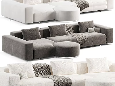 Modern Sectional Sofas In Gray And White With Ottoman Pillows And Throw Blankets 3d model