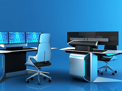 Modern Office Workspace Setup With Multiple Screens Ergonomic Chair And Desk 3d model