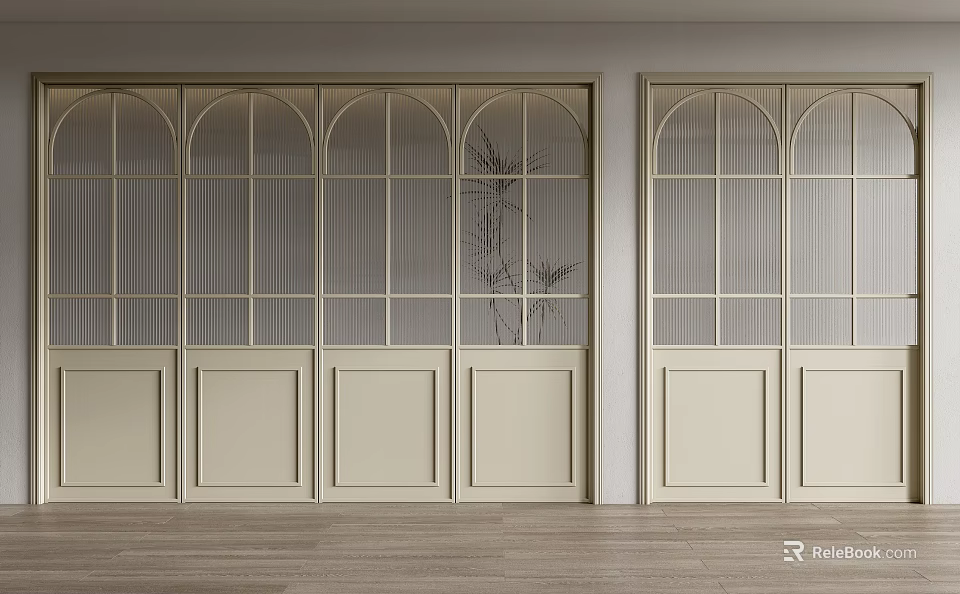 Beige Arched Glass Doors With Lattice Design And Wooden Floor Interior 3d model 