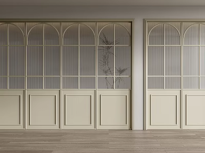 Beige Arched Glass Doors With Lattice Design And Wooden Floor Interior 3d model