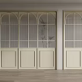Beige Arched Glass Doors With Lattice Design And Wooden Floor Interior