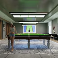Modern Billiard Room Interior With Pool Table Woman Standing Carpet And Stylish Lighting