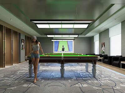 Modern Billiard Room Interior With Pool Table Woman Standing Carpet And Stylish Lighting 3d model