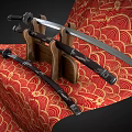 Traditional Japanese Swords Displayed On Wooden Stand With Red Gold Patterned Background