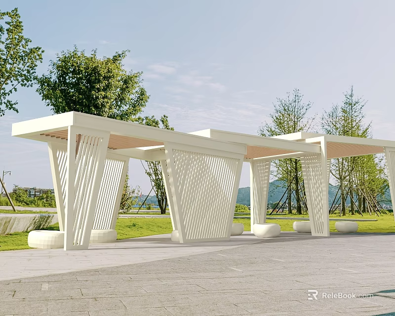 Modern Public Chairs In Outdoor Natural Space With Green Trees And Grass 3d model 