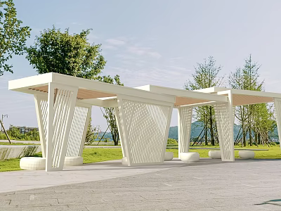 Modern Public Chairs In Outdoor Natural Space With Green Trees And Grass 3d model