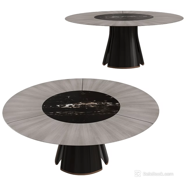 Round Modern Dining Table With Black Marble Top And Wooden Frame 3d model 
