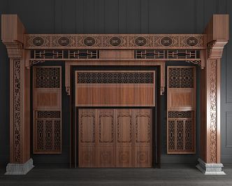 Chinese Style Gate Solid Wood Carved Gate 3d model