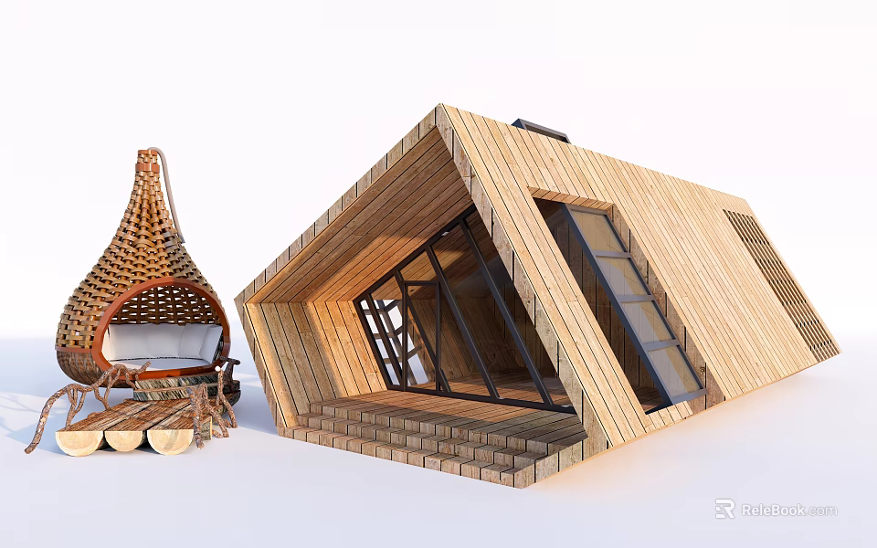 Modern Wooden House Exterior With Large Glass Windows Stone Steps And Wicker Furniture 3d model 