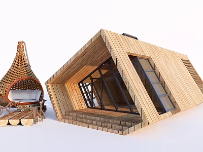 Modern Wooden House Exterior With Large Glass Windows Stone Steps And Wicker Furniture 3d model