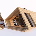 Modern Wooden House Exterior With Large Glass Windows Stone Steps And Wicker Furniture