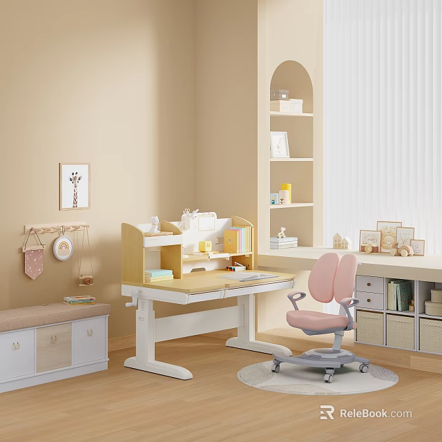 Adjustable Height Kids Study Desk With Pink Ergonomic Chair For Cozy Bright Children Study Room 3d model 