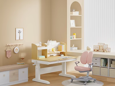 Adjustable Height Kids Study Desk With Pink Ergonomic Chair For Cozy Bright Children Study Room 3d model