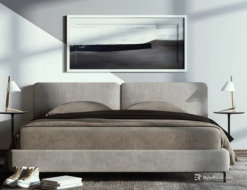 Modern Grey Upholstered Double Bed With Abstract Painting Bedside Tables And Table Lamps 3d model 