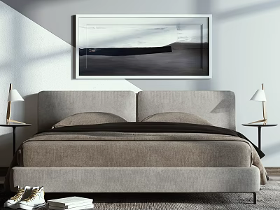 Modern Grey Upholstered Double Bed With Abstract Painting Bedside Tables And Table Lamps 3d model