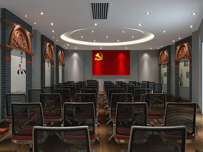 Spacious Meeting Room With Red Flag Backdrop Arranged Chairs And Decorative Walls 3d model
